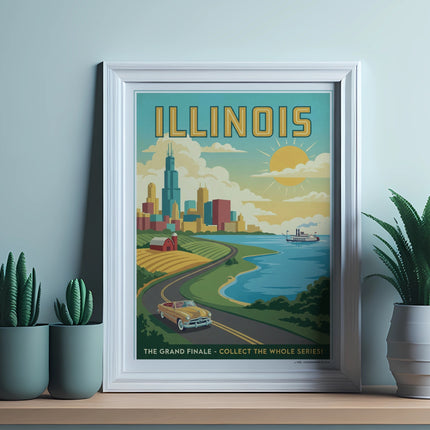Illinois travel poster with cityscape, vintage car, and water.