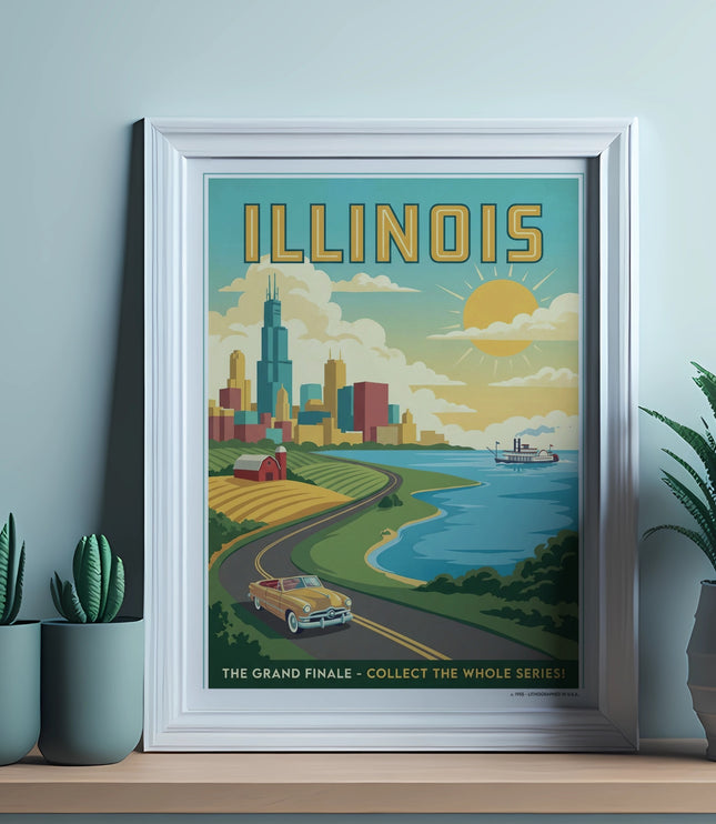 Illinois travel poster with cityscape, vintage car, and water.