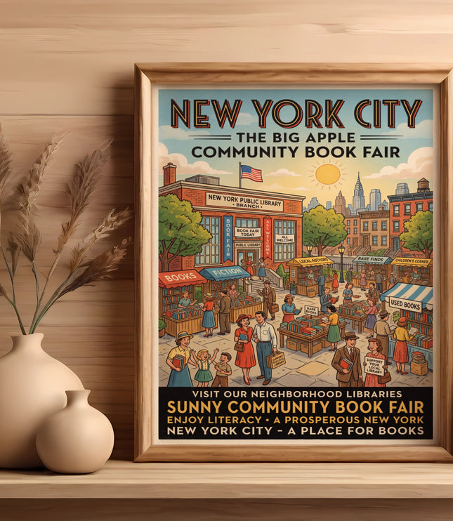 New York City Community Book Fair poster showing people browsing book stalls near library.