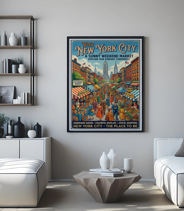 Poster of a New York City Saturday Market with Empire State Building and people.