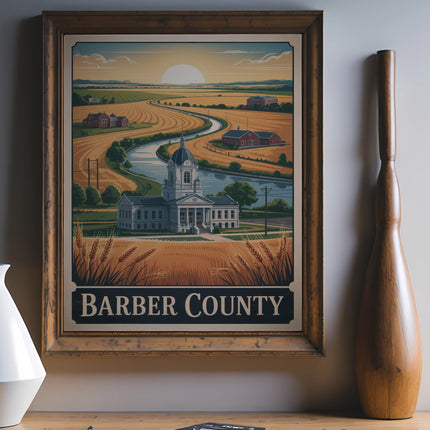 Barber County poster showing courthouse, river, fields, and rural buildings.