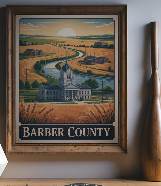 Barber County poster showing courthouse, river, fields, and rural buildings.