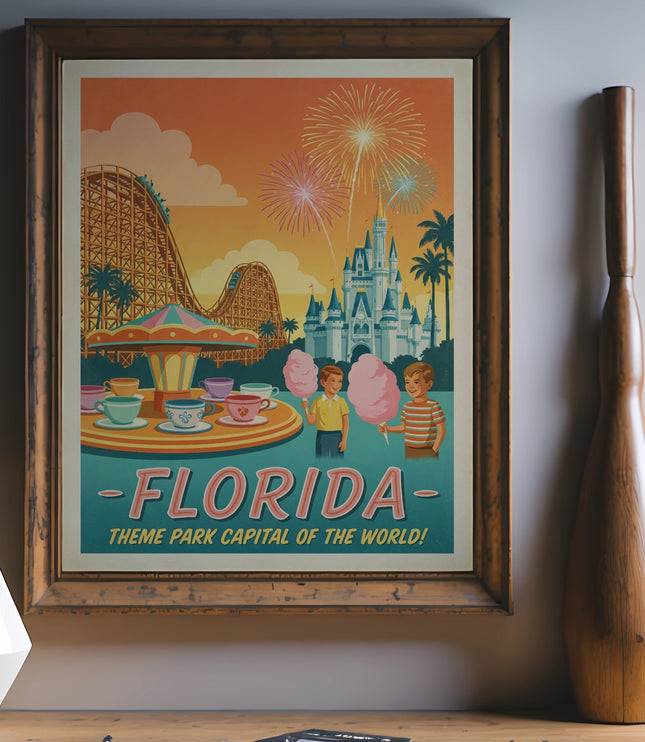 Vintage Florida theme park poster with fireworks, castle, roller coaster, and children with cotton candy.