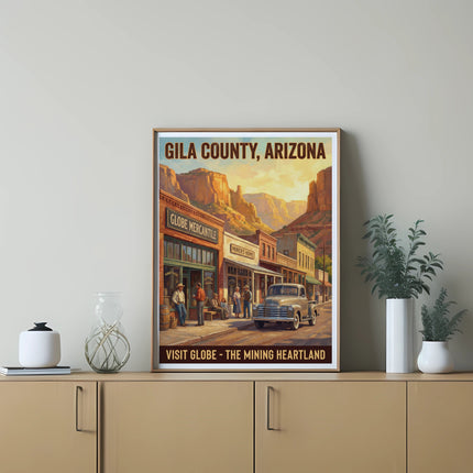 Vintage poster of Gila County, Arizona with a street scene and text.