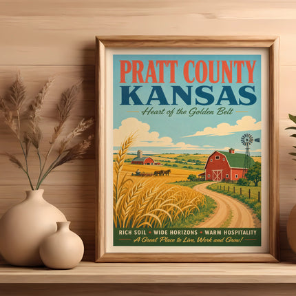 Pratt County, Kansas vintage travel poster with farm scene, barn, and windmill.