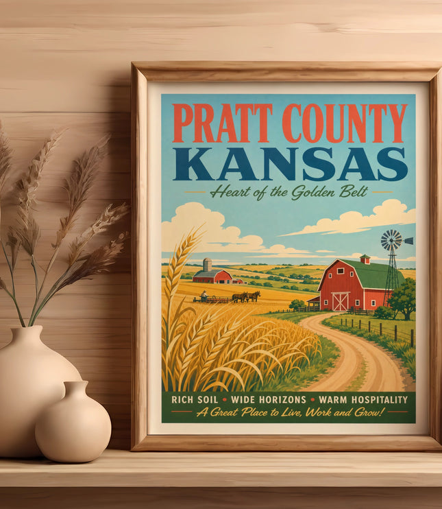 Pratt County, Kansas vintage travel poster with farm scene, barn, and windmill.
