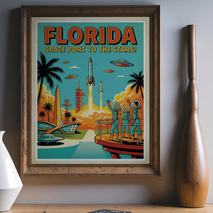 Retro Florida Space Coast poster with rockets, astronauts, and UFOs.