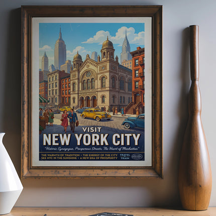 Vintage "Visit New York City" travel poster with vintage cars and buildings.