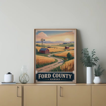 Farm landscape with windmill, barn, and text "FORD COUNTY KANSAS" on a poster.