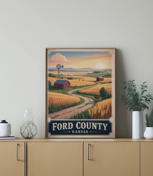 Farm landscape with windmill, barn, and text "FORD COUNTY KANSAS" on a poster.