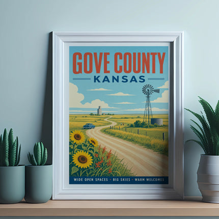 Gove County, Kansas vintage travel poster with sunflowers and windmill.