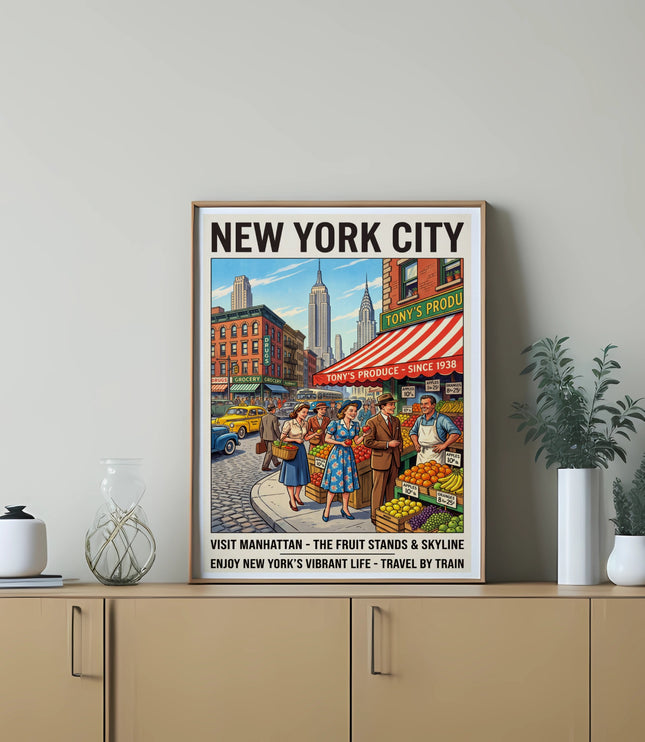 New York City vintage travel poster with fruit stands, skyline, and people.