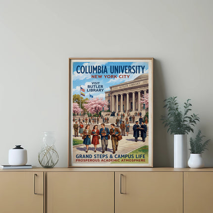 Columbia University poster featuring Butler Library, campus life, and academic atmosphere.