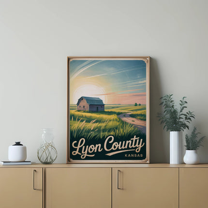 Poster featuring a rustic barn and field with "Lyon County Kansas" text.