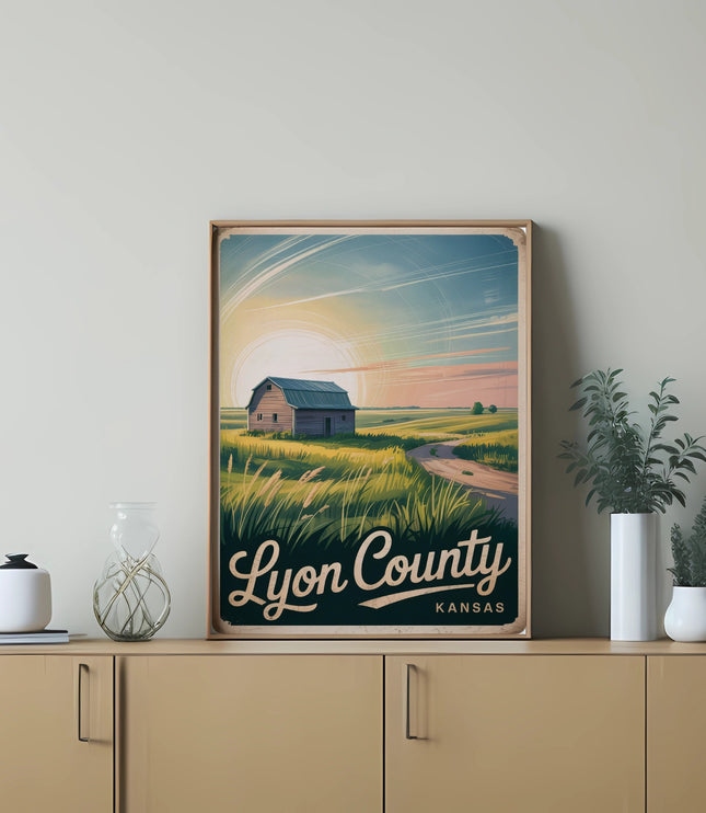 Poster featuring a rustic barn and field with "Lyon County Kansas" text.