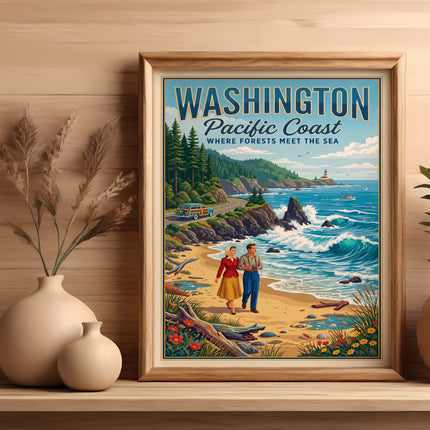 Washington Pacific Coast poster with couple on beach, retro van, lighthouse, and forest.