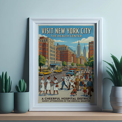 New York City Health Center poster with hospital and street scene.
