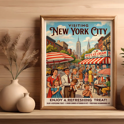 Vintage New York City poster with family at ice cream stand.