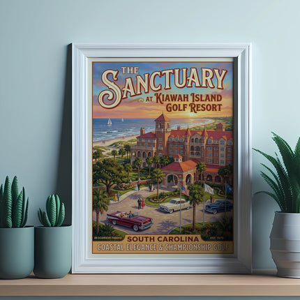 The Sanctuary at Kiawah Island Golf Resort poster with coastal scenery and text.