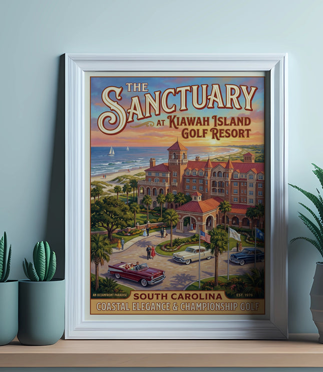 The Sanctuary at Kiawah Island Golf Resort poster with coastal scenery and text.