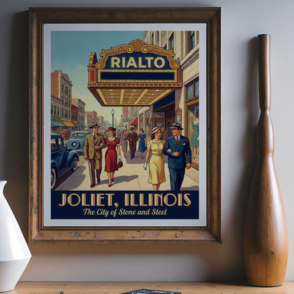 Vintage Rialto theater poster for Joliet, Illinois, featuring stylized people.