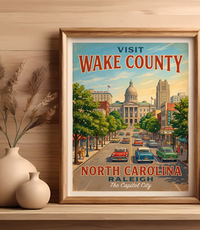 Visit Wake County North Carolina Raleigh art poster featuring Capitol City.