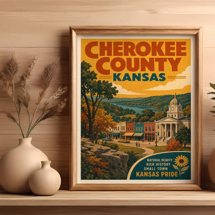 Cherokee County Kansas vintage travel poster with buildings and text.