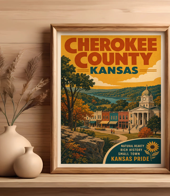 Cherokee County Kansas vintage travel poster with buildings and text.