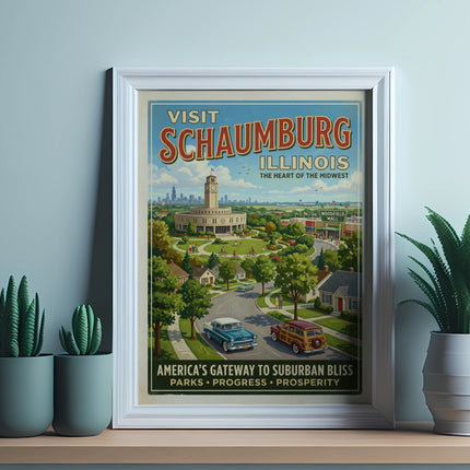Vintage travel poster of Schaumburg, Illinois, featuring Woodfield Mall and suburban life.