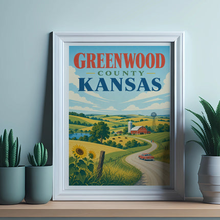 Greenwood County Kansas scenic view with farmhouse, fields, and a winding road.