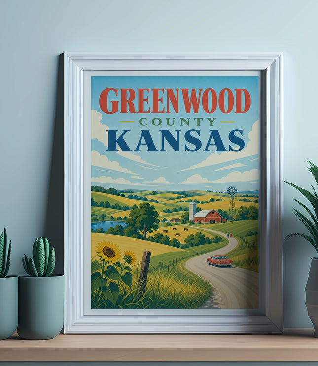 Greenwood County Kansas scenic view with farmhouse, fields, and a winding road.