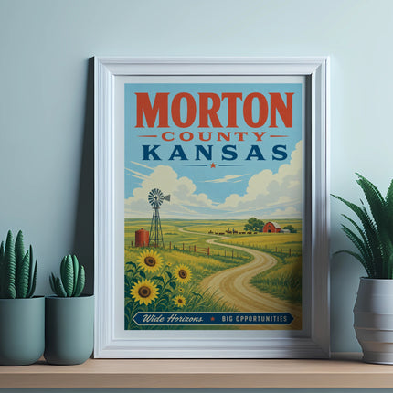 Morton County Kansas vintage travel poster with sunflowers and windmill.