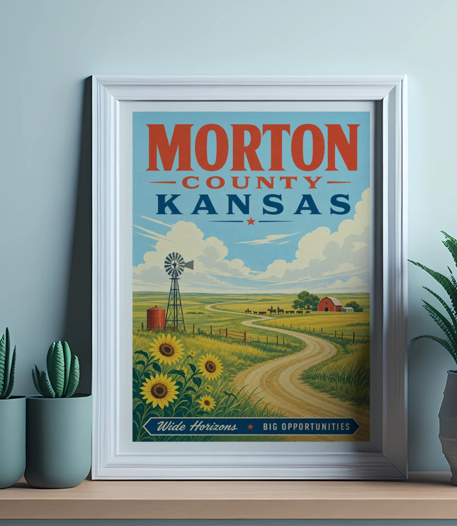 Morton County Kansas vintage travel poster with sunflowers and windmill.