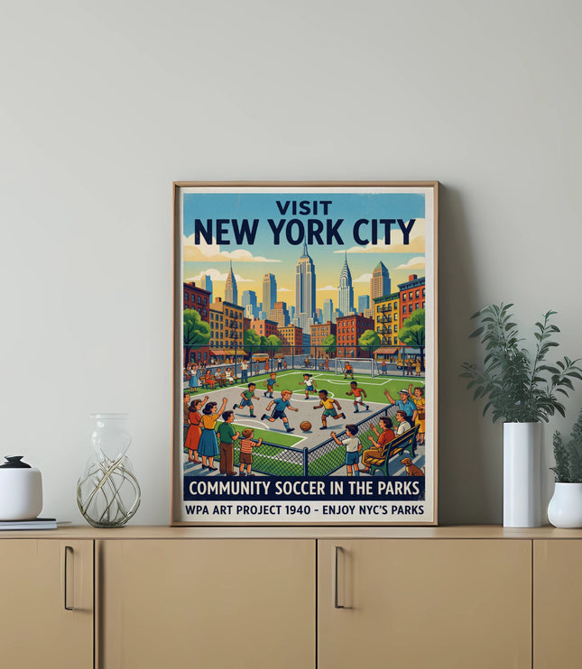 Vintage poster of NYC skyline showing "Community Soccer in the Parks" from 1940.