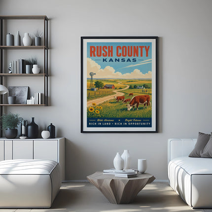 Poster for Rush County, Kansas, featuring cows and a farmhouse.