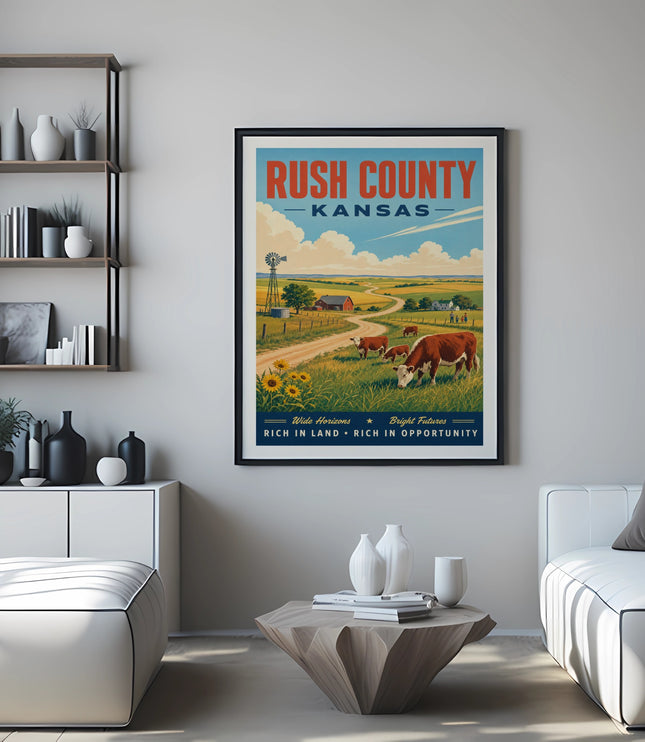 Poster for Rush County, Kansas, featuring cows and a farmhouse.