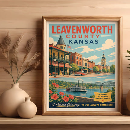Leavenworth County Kansas vintage travel poster with town and river scene.