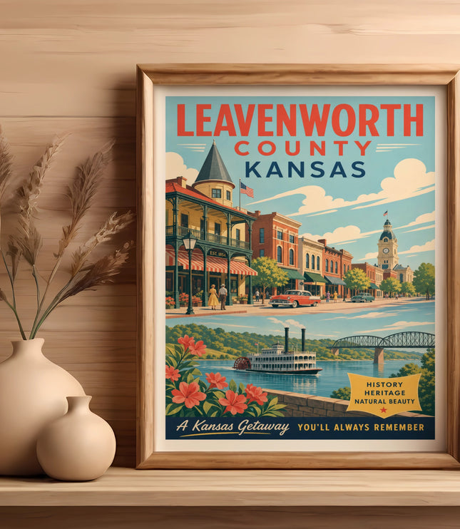 Leavenworth County Kansas vintage travel poster with town and river scene.