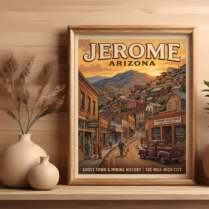 Jerome, Arizona poster depicting Main Street, ghost town, and mining history.