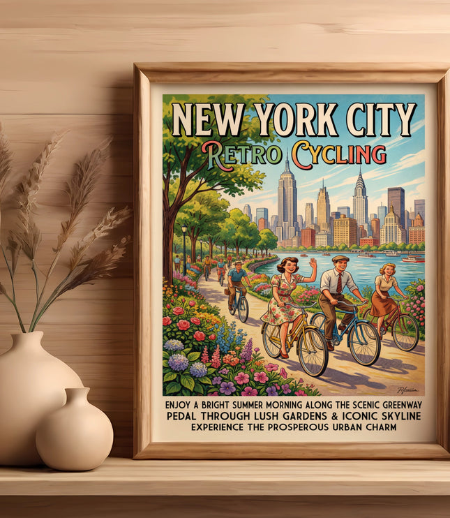 New York City retro cycling poster with cyclists in a garden and skyline.