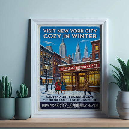 WPA travel poster for "Cozy in Winter" NYC featuring Village Bistro & Cafe.