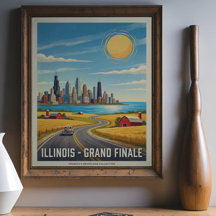 Vintage Illinois Grand Finale art print with skyline and countryside.