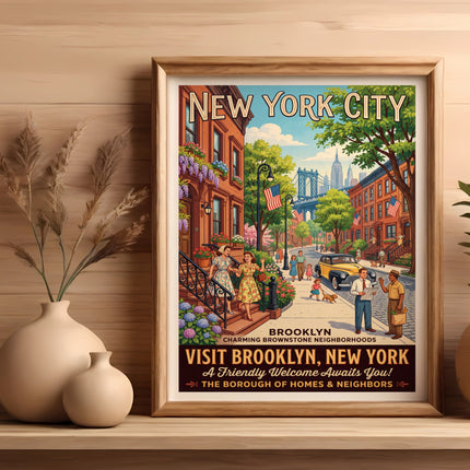 Vintage New York City poster featuring Brooklyn brownstones and people.