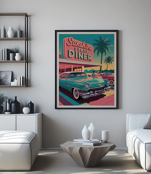 Retro "Sunshine State Diner" poster with vintage cars and palm trees.