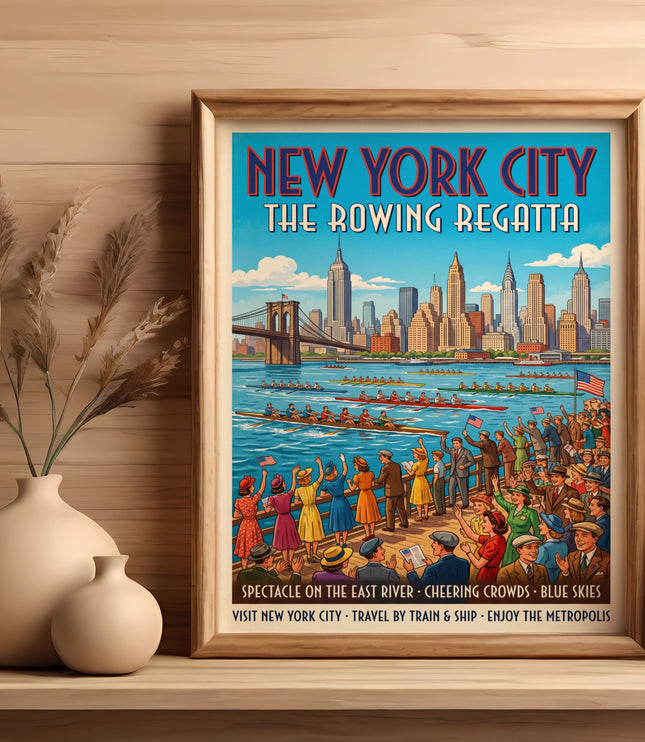 New York City The Rowing Regatta poster featuring skyline, bridge, boats, and crowds.