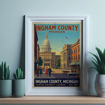 Ingham County Michigan art print showing capitol building and retro car.