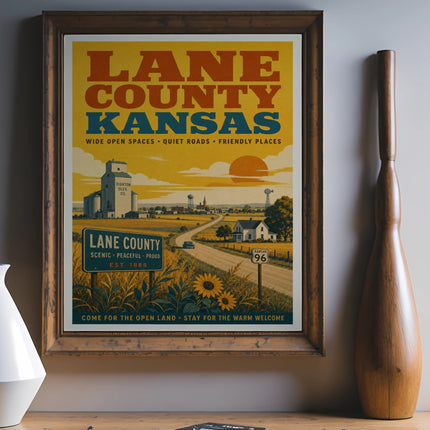 Retro poster for Lane County, Kansas, featuring a landscape scene.