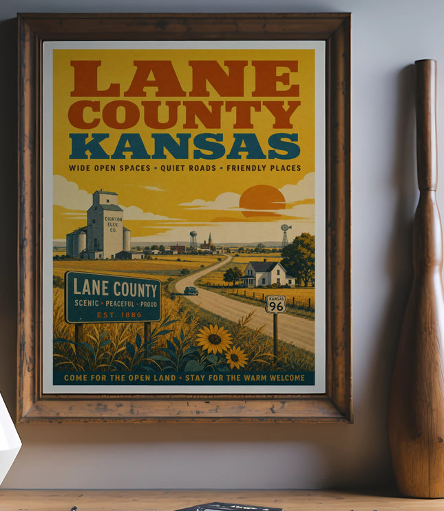 Retro poster for Lane County, Kansas, featuring a landscape scene.