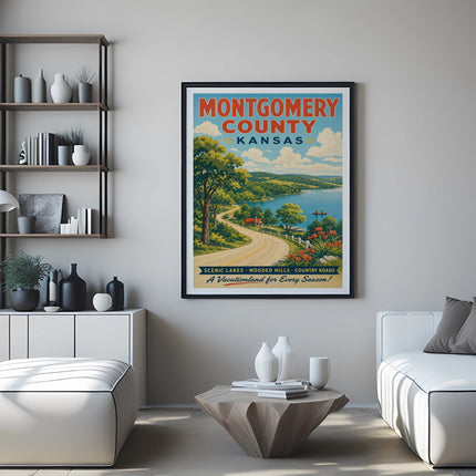 Poster for Montgomery County, Kansas, featuring a scenic landscape.