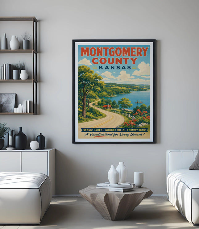 Poster for Montgomery County, Kansas, featuring a scenic landscape.